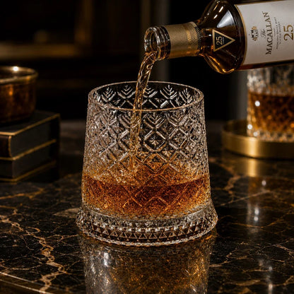 The Sovereign Kinetic Sommelier: Artisan-Crafted Crystal Whiskey Tumbler with 360° Aerating Free-Rotation & Patterned Grips