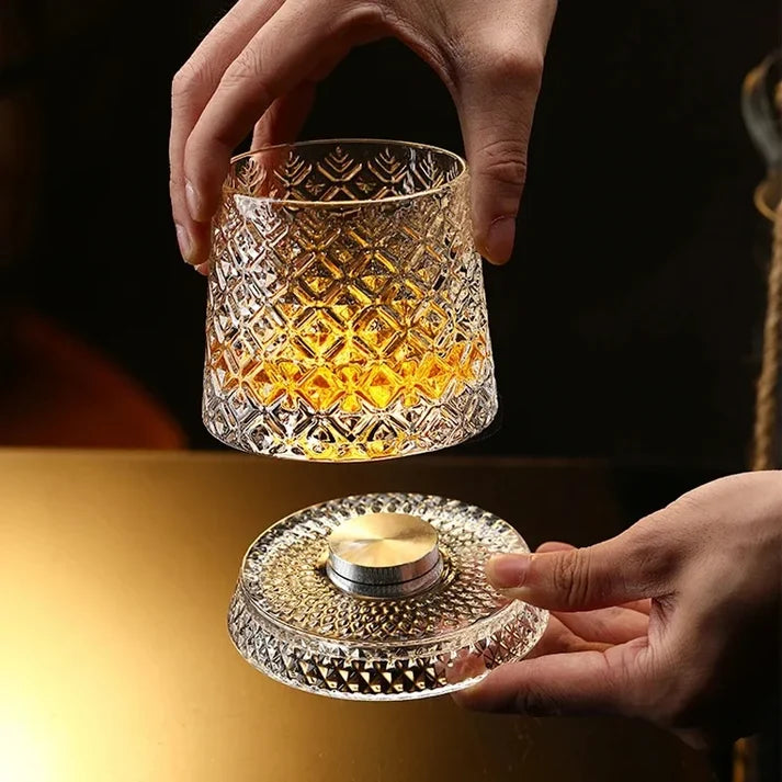 The Sovereign Kinetic Sommelier: Artisan-Crafted Crystal Whiskey Tumbler with 360° Aerating Free-Rotation & Patterned Grips