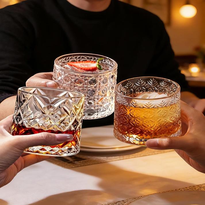 The Sovereign Kinetic Sommelier: Artisan-Crafted Crystal Whiskey Tumbler with 360° Aerating Free-Rotation & Patterned Grips